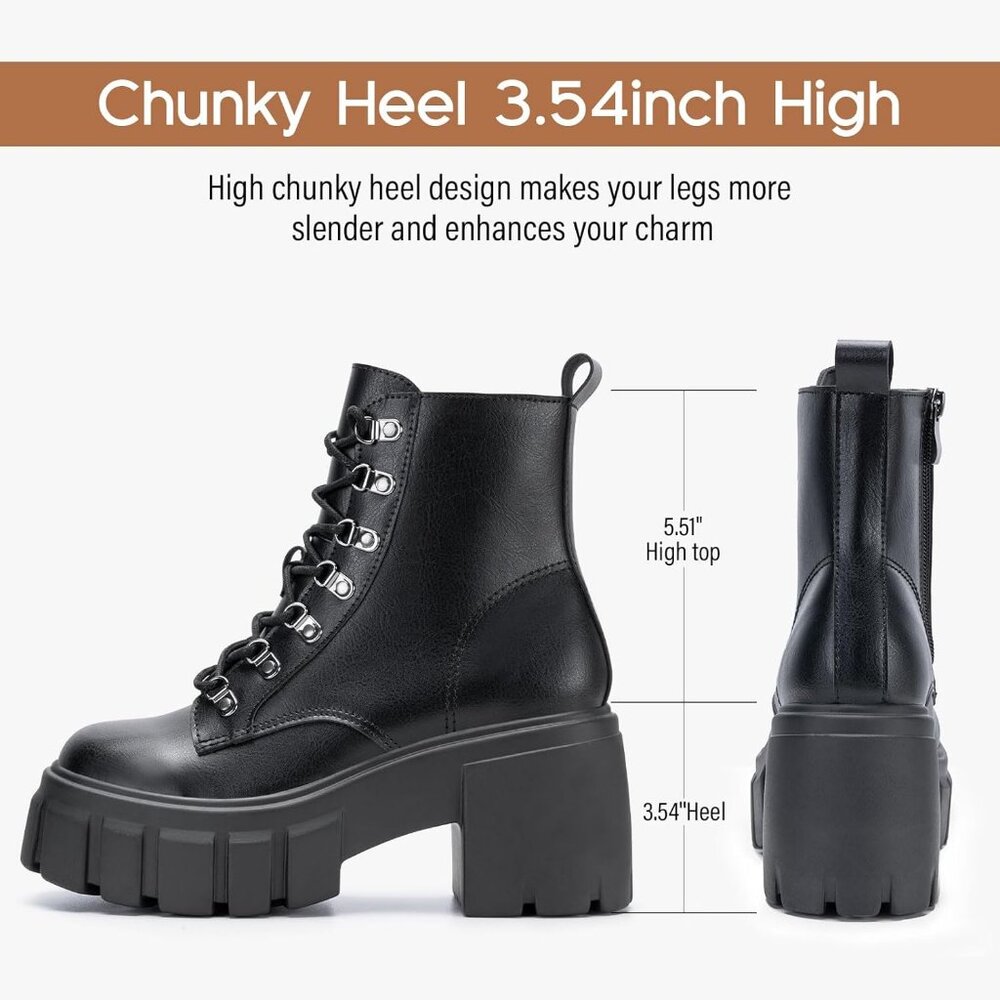 Women’s Combat Black Lace up Side Zipper High Heel Chunky Ankle Lug Sole Booties - Picture 2 of 6